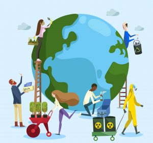 Imagen digital del mundo con personas trabajando a su alrededor en diferentes tareas