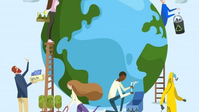 Imagen digital del mundo con personas trabajando a su alrededor en diferentes tareas