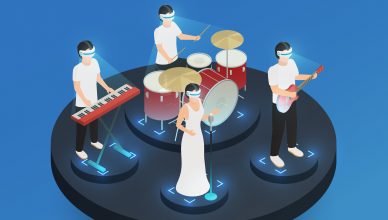 Dibujo digital de un grupo de música del futuro