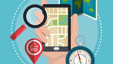 Imagen digital de móvil, mapa, icono de localización, brújula y lupa