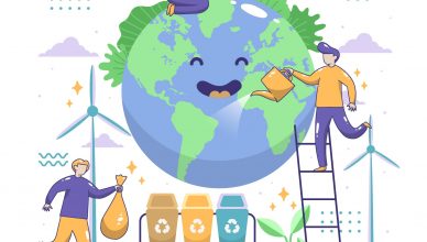 Imagen digital de personas plantando, regando y reciclando en el mundo
