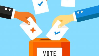 Dibujo digital de personas votando en las urnas