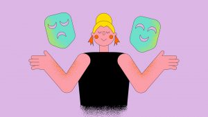 Imagen digital de una mujer con máscaras triste y alegre a los laterales