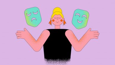 Imagen digital de una mujer con máscaras triste y alegre a los laterales