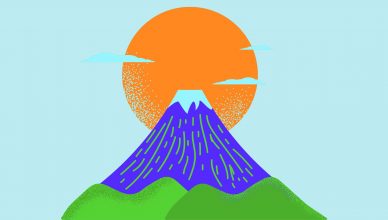 Imagen digital de volcán y sol
