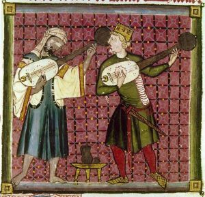 Miniatura de músicos europeos e islámicos tocando instrumentos de cuerda en el S.XII