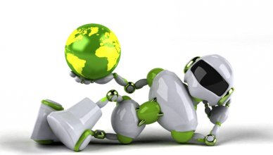 Robot sujeta un mundo de color verde y amarillo.
