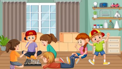 Children playing games in the room illustration